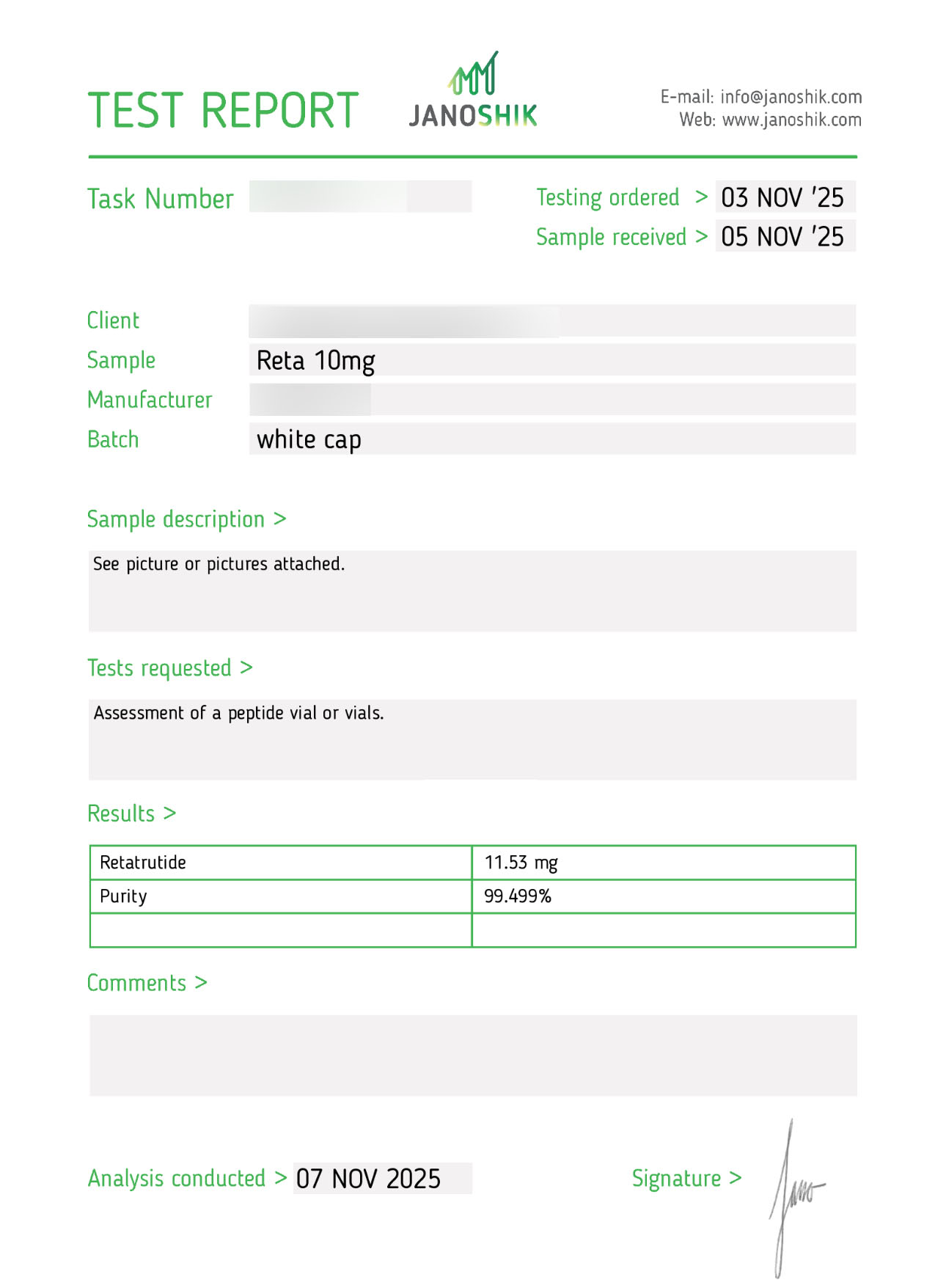 Reta 10mg Certificate of Analysis